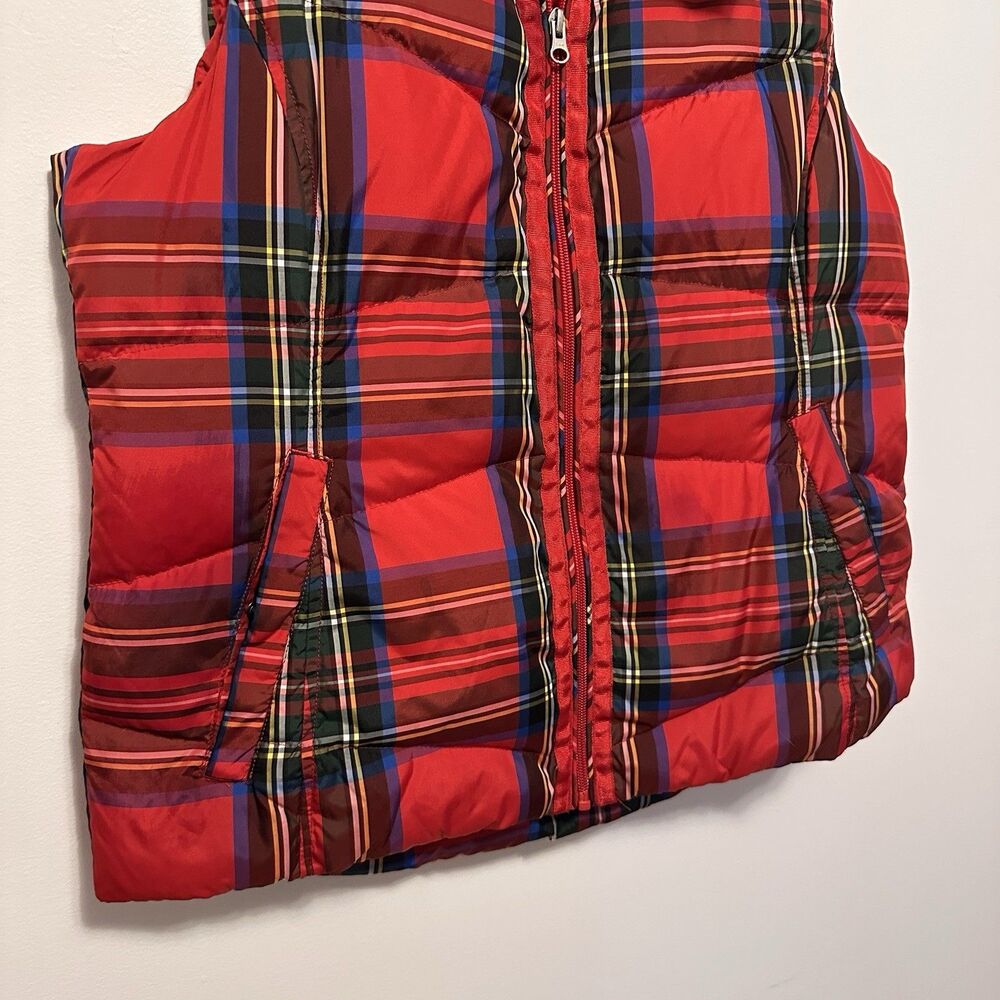 Lands End Womens Sz M Down Fill Red Tartan Plaid Puffer Vest Full Zip Preppy - Picture 3 of 6